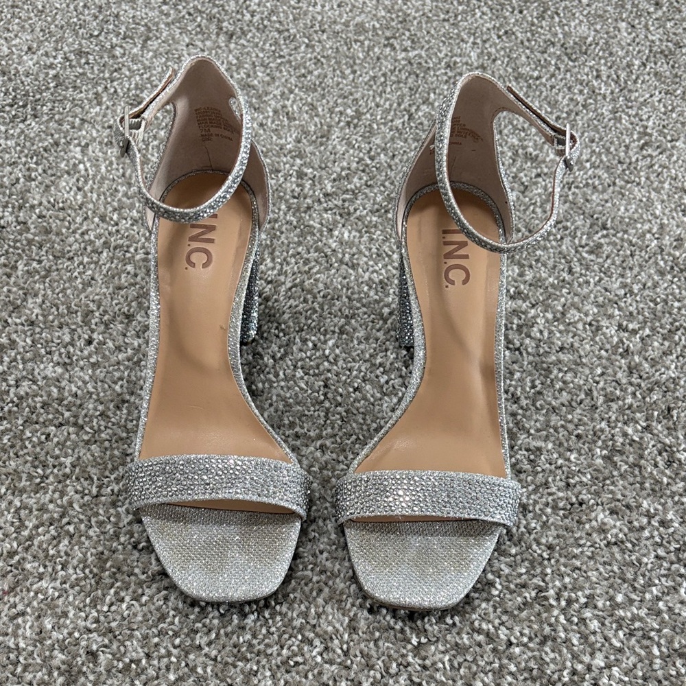 INC International Concepts Silver Glitter Ankle-Strap Block Heel Sandals